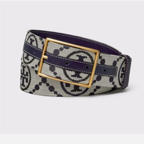Tory Burch 1.5" T Monogram Belt jacquard Tory Navy Gold Size M Medium - Picture 7 of 9